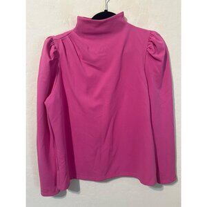 Ann Taylor Petite Sz LP Mock Neck Puff Sleeve Bright Pink Barbiecore Top Blouse